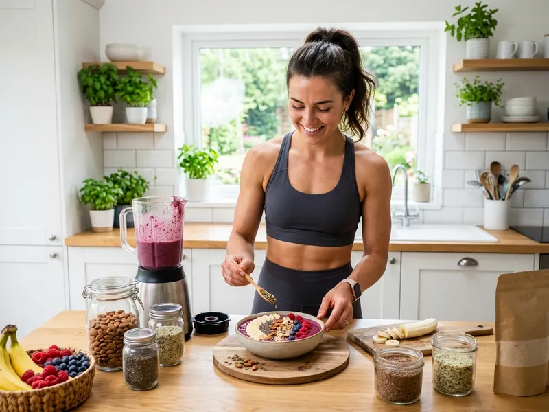 Sportler bereitet proteinreiche pflanzliche Mahlzeit zu