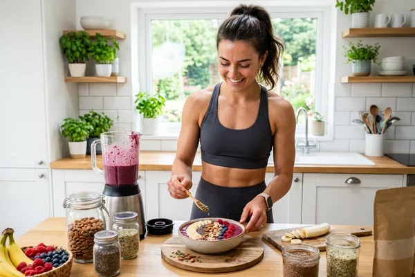 Sportler bereitet proteinreiche pflanzliche Mahlzeit zu