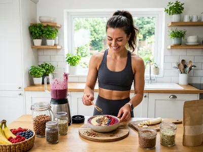 Sportler bereitet proteinreiche pflanzliche Mahlzeit zu