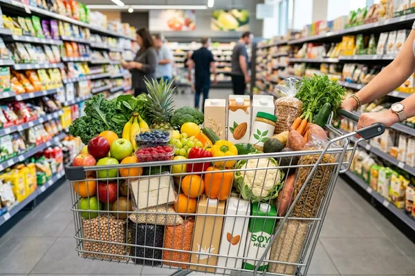 Einkaufswagen voller frischem Obst, Gemüse und veganer Produkte im Supermarkt