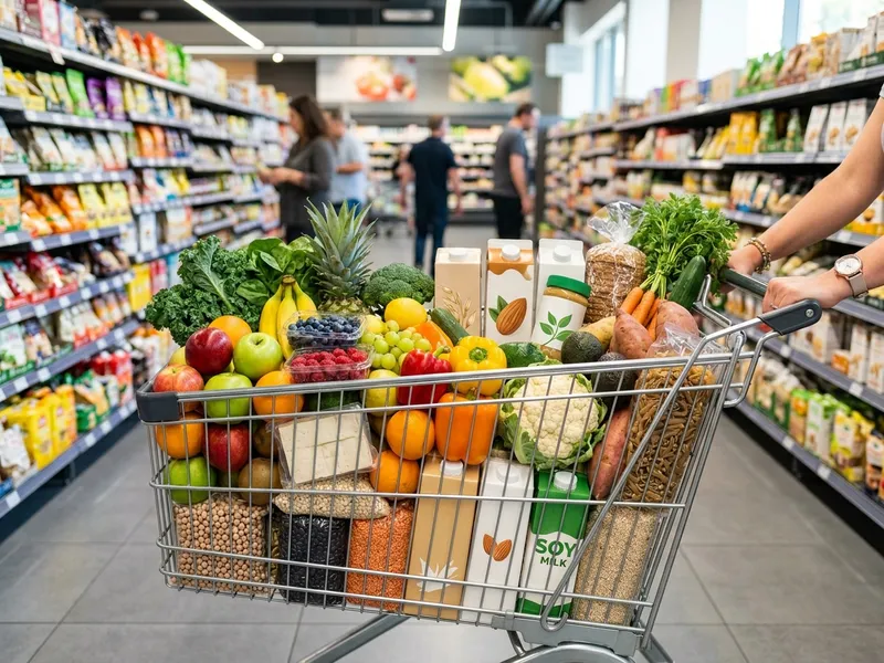Einkaufswagen voller frischem Obst, Gemüse und veganer Produkte im Supermarkt