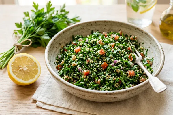 Schale leuchtend grünes Tabbouleh aus fein gehackter Petersilie, Bulgur, Tomate und Minze, daneben eine halbe Zitrone und ein Bund Petersilie