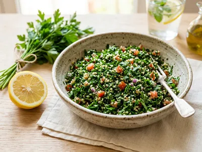 Schale leuchtend grünes Tabbouleh aus fein gehackter Petersilie, Bulgur, Tomate und Minze, daneben eine halbe Zitrone und ein Bund Petersilie