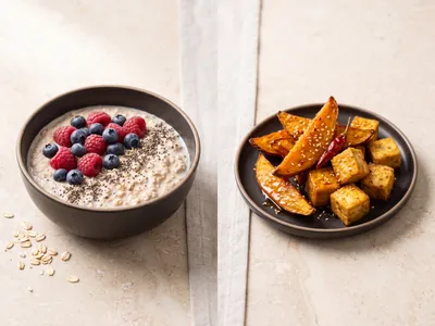 Schale mit Hafer und Beeren neben einem Teller mit süß-scharf glasiertem Tofu und Süßkartoffel — die zwei Geschmacksrichtungen der TikTok-Trends FiberMaxxing und Swicy als pflanzliche Mahlzeit