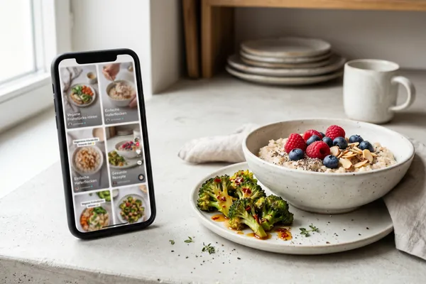 Smartphone mit TikTok-Feed neben einer Schale Hafer mit Beeren und einer Schale geröstetem Gemüse mit Chili-Honig — pflanzliche Übersetzung viraler Diät-Trends