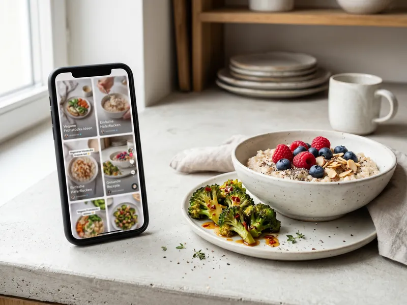 Smartphone mit TikTok-Feed neben einer Schale Hafer mit Beeren und einer Schale geröstetem Gemüse mit Chili-Honig — pflanzliche Übersetzung viraler Diät-Trends
