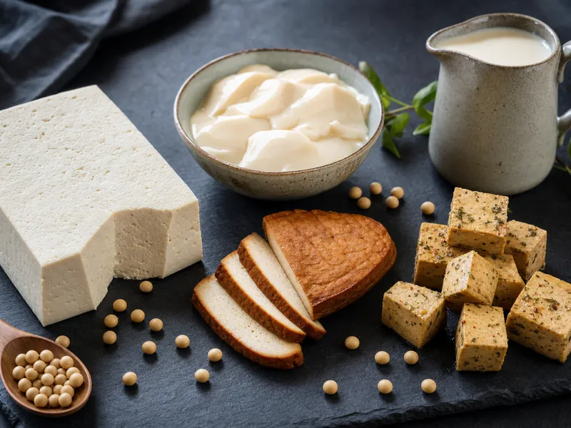 Moodiges Stillleben auf dunklem Schiefer: nebeneinander ein Block fester Naturtofu, eine Schale cremiger Seidentofu, in Scheiben geschnittener brauner Räuchertofu und marinierte Tofuwürfel, dazu Sojabohnen, eine Sojamilchkanne und ein Holzlöffel.