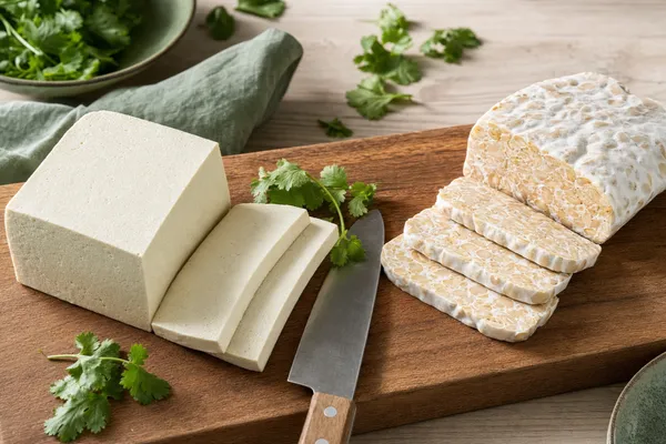 Holzbrett mit halb aufgeschnittenem weißem Tofublock links und Tempeh mit sichtbaren Sojabohnen rechts, dazwischen ein ruhendes Küchenmesser und frischer Koriander