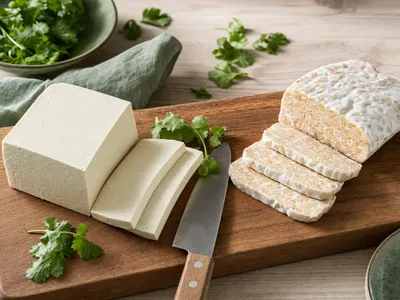Holzbrett mit halb aufgeschnittenem weißem Tofublock links und Tempeh mit sichtbaren Sojabohnen rechts, dazwischen ein ruhendes Küchenmesser und frischer Koriander