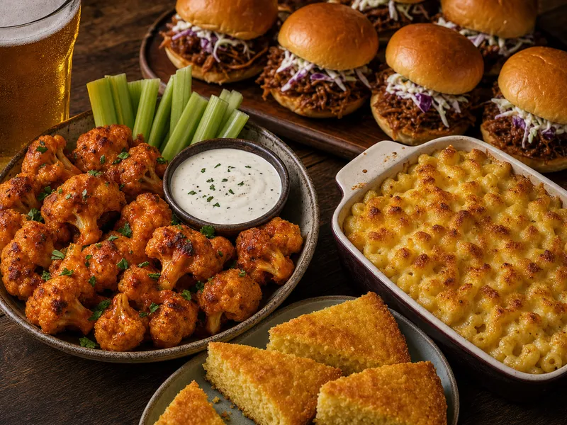 Amerikanische Snack-Tafel auf einem Holztisch: eine Schale Buffalo-Blumenkohl mit Dip, kleine Pulled-Mushroom-Slider, eine Auflaufform cremige Mac & Cheese und Ecken von goldenem Maisbrot, dazu Selleriestangen und kaltes Bier in warmem Abendlicht