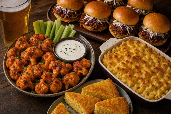 Amerikanische Snack-Tafel auf einem Holztisch: eine Schale Buffalo-Blumenkohl mit Dip, kleine Pulled-Mushroom-Slider, eine Auflaufform cremige Mac & Cheese und Ecken von goldenem Maisbrot, dazu Selleriestangen und kaltes Bier in warmem Abendlicht