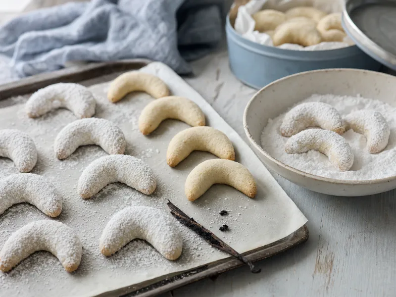 Frisch gebackene vegane Vanillekipferl auf einem Backblech mit Backpapier, ein Teil dick mit Vanille-Puderzucker überzogen, daneben eine Schale Vanillezucker mit drei Kipferln und eine ausgekratzte Vanilleschote auf einem graublauen Holztisch