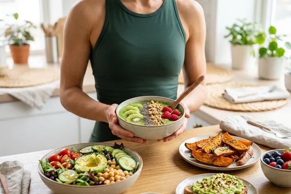 Frischer bunter Salat mit Hülsenfrüchten und Avocado auf einem Teller