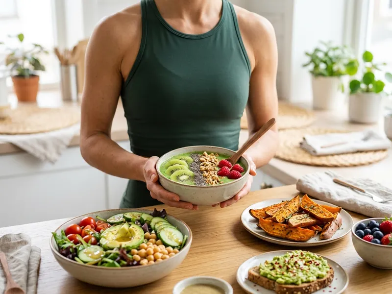 Frischer bunter Salat mit Hülsenfrüchten und Avocado auf einem Teller