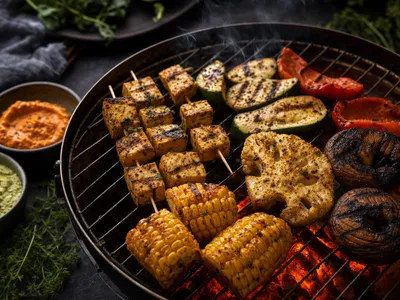 Moodiges Stillleben eines veganen Grills auf dunklem Hintergrund: mariniertes Tofu, Maiskolben, gegrillter Blumenkohl, Zucchini, Paprika und Pilzspieße auf dem glühenden Rost, dazu Schälchen mit Dips und Kräutern.