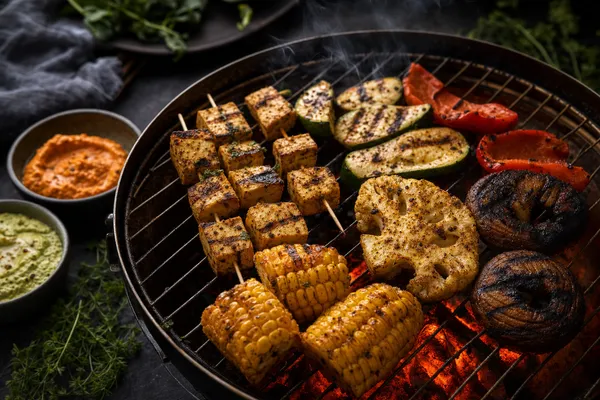 Moodiges Stillleben eines veganen Grills auf dunklem Hintergrund: mariniertes Tofu, Maiskolben, gegrillter Blumenkohl, Zucchini, Paprika und Pilzspieße auf dem glühenden Rost, dazu Schälchen mit Dips und Kräutern.