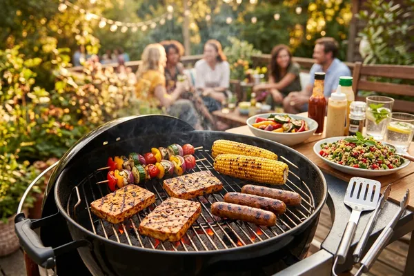 Bunt belegter veganer Grillteller mit mariniertem Tofu, Maiskolben und gegrillter Paprika