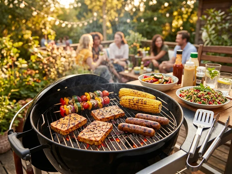 Bunt belegter veganer Grillteller mit mariniertem Tofu, Maiskolben und gegrillter Paprika