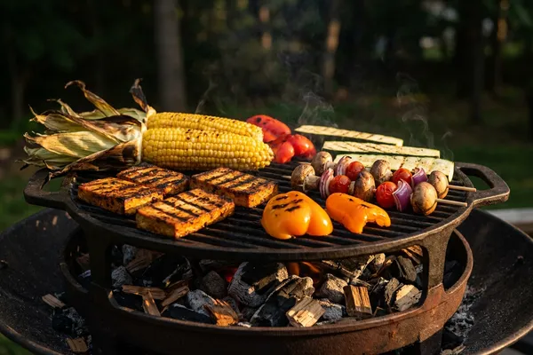 Bunter veganer Grill mit Maiskolben, Tofu-Scheiben, Paprika und Gemüsespießen über glühender Kohle