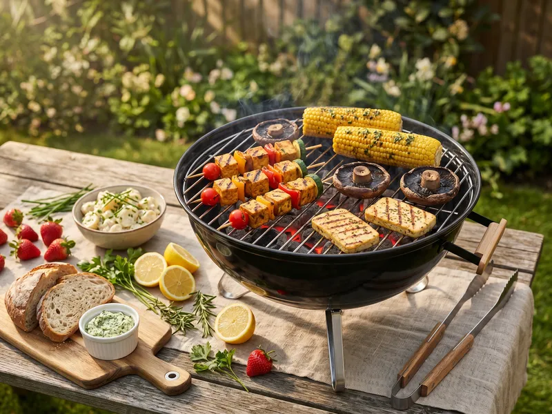 Veganer Kugelgrill im Garten mit Tofu-Gemüse-Spießen, Maiskolben, Portobello-Pilzen und Halloumi-Alternative aus Tofu, daneben veganer Kartoffelsalat, Sauerteigbrot mit Kräuterdip, Zitronen und frische Erdbeeren
