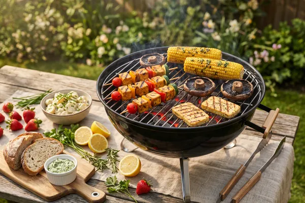 Veganer Kugelgrill im Garten mit Tofu-Gemüse-Spießen, Maiskolben, Portobello-Pilzen und Halloumi-Alternative aus Tofu, daneben veganer Kartoffelsalat, Sauerteigbrot mit Kräuterdip, Zitronen und frische Erdbeeren