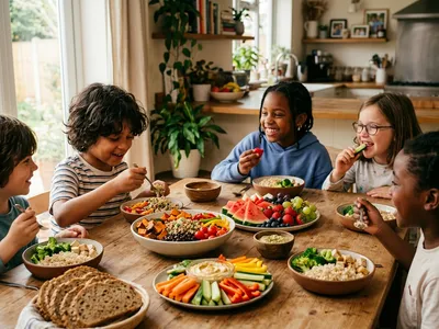 Kind isst fröhlich einen bunten Teller mit Gemüse und Obst