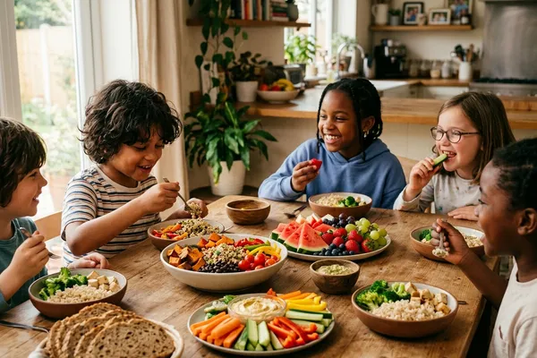 Kind isst fröhlich einen bunten Teller mit Gemüse und Obst