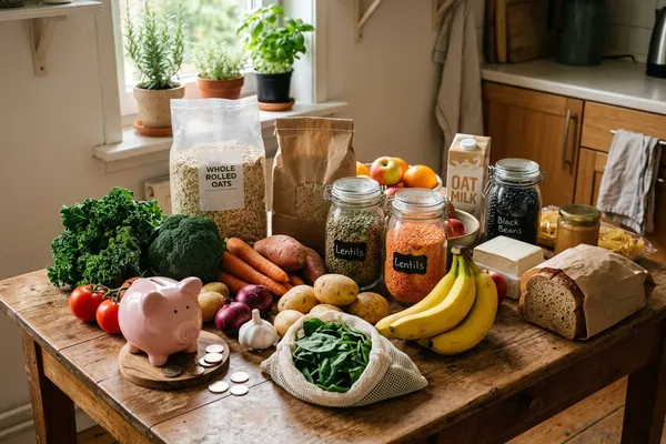 Geldbörse neben frischem Obst, Gemüse und Hülsenfrüchten auf einer Küchenarbeitsplatte