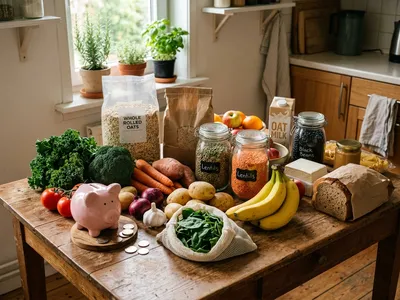 Geldbörse neben frischem Obst, Gemüse und Hülsenfrüchten auf einer Küchenarbeitsplatte