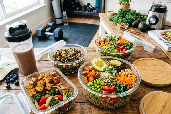Sportliche Person bereitet eine proteinreiche vegane Mahlzeit mit Tofu und Gemüse zu