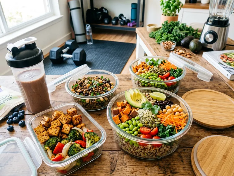 Sportliche Person bereitet eine proteinreiche vegane Mahlzeit mit Tofu und Gemüse zu