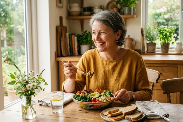 Frau genießt eine pflanzliche Mahlzeit mit Sojaprotein und frischem Gemüse