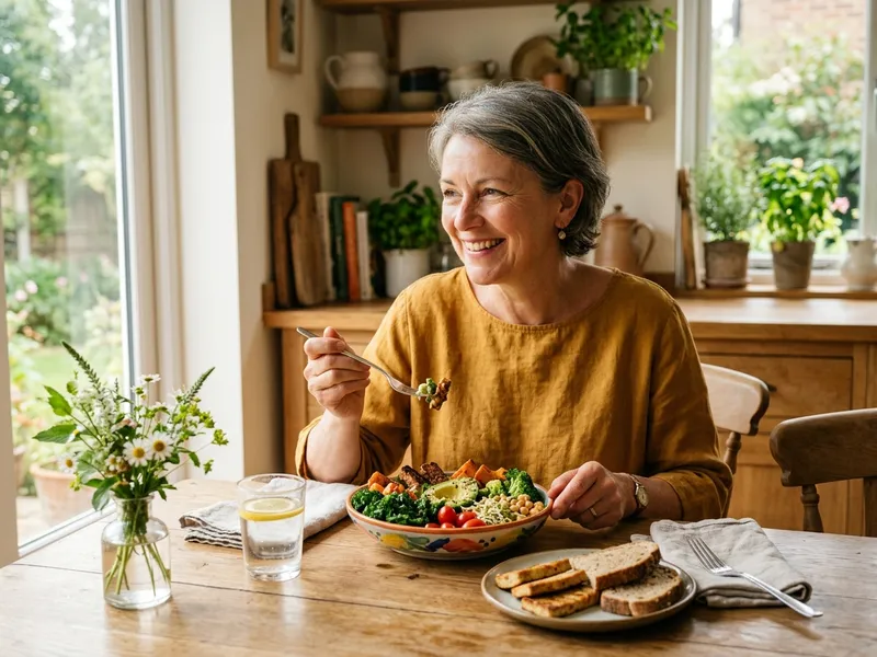 Frau genießt eine pflanzliche Mahlzeit mit Sojaprotein und frischem Gemüse