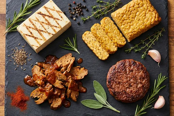 Verschiedene vegane Fleischalternativen auf einem Schneidebrett: Tofu, Tempeh, Seitan und pflanzliche Burger-Patties