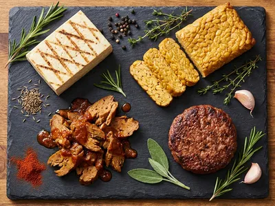 Verschiedene vegane Fleischalternativen auf einem Schneidebrett: Tofu, Tempeh, Seitan und pflanzliche Burger-Patties