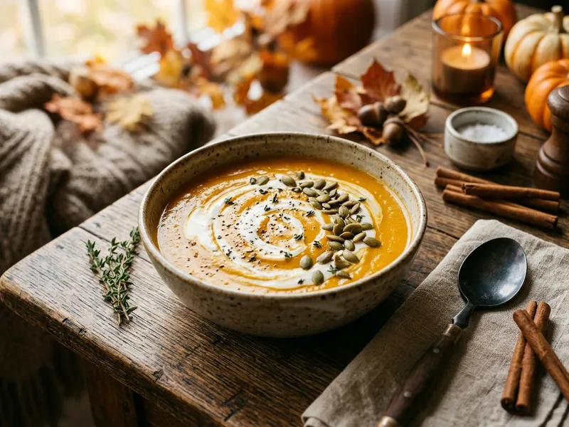Cremige orangefarbene Kürbissuppe mit Kokosmilch-Swirl und gerösteten Kürbiskernen in einer Tonschale