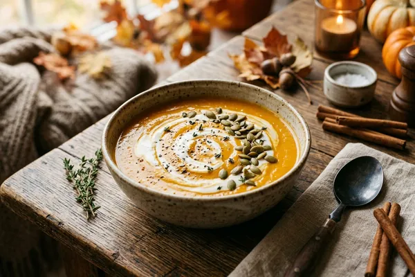 Cremige orangefarbene Kürbissuppe mit Kokosmilch-Swirl und gerösteten Kürbiskernen in einer Tonschale