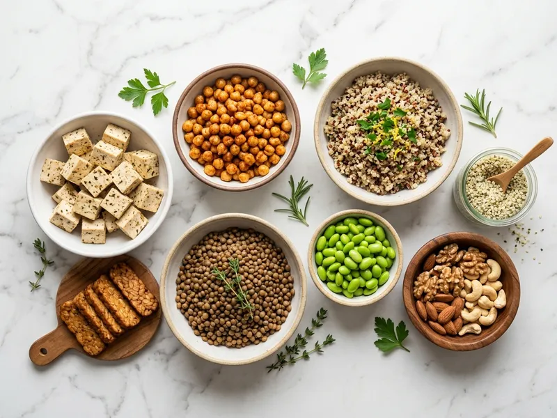Auswahl eiweißreicher pflanzlicher Lebensmittel wie Linsen, Tofu, Nüsse und Quinoa