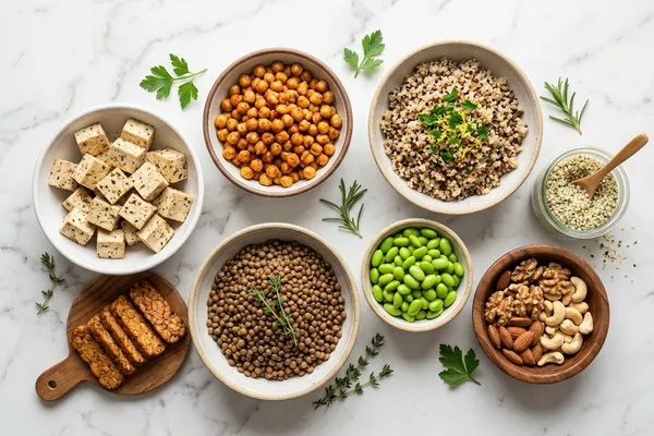 Auswahl eiweißreicher pflanzlicher Lebensmittel wie Linsen, Tofu, Nüsse und Quinoa