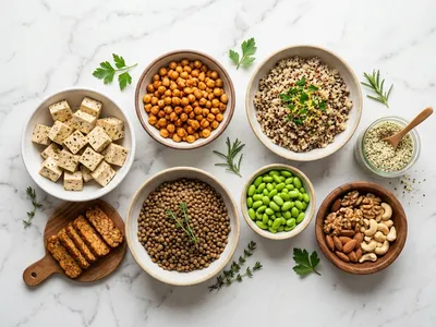 Auswahl eiweißreicher pflanzlicher Lebensmittel wie Linsen, Tofu, Nüsse und Quinoa