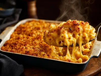 Eine Auflaufform mit goldgelber, cremiger Mac & Cheese, oben eine knusprige gebräunte Semmelbrösel-Kruste, eine Portion mit dem Löffel herausgehoben, fadenziehend und dampfend