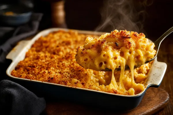Eine Auflaufform mit goldgelber, cremiger Mac & Cheese, oben eine knusprige gebräunte Semmelbrösel-Kruste, eine Portion mit dem Löffel herausgehoben, fadenziehend und dampfend