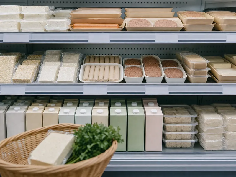 Blick auf ein Supermarkt-Kühlregal mit pflanzlichen Produkten ohne Markenlogos: Tofublöcke, vegane Würstchen und Burger-Patties in schlichten Verpackungen, Haferdrinks in Kartons, im Vordergrund ein Weidenkorb mit einem Block Tofu und frischer Petersilie