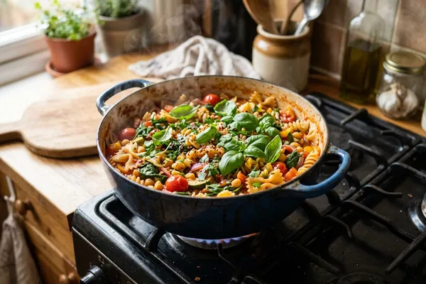 Dampfender Topf mit veganer One-Pot-Pasta in Tomatensauce