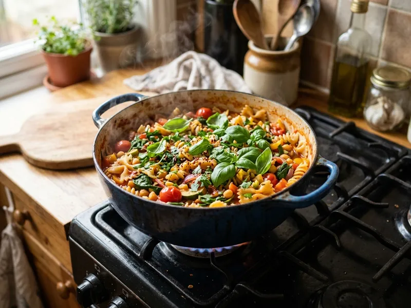 Dampfender Topf mit veganer One-Pot-Pasta in Tomatensauce