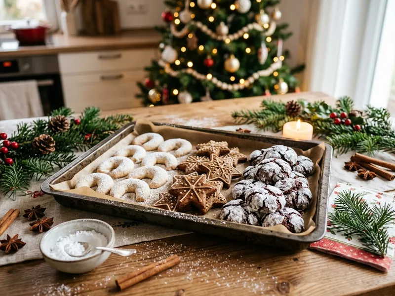 Verschiedene vegane Plätzchen auf einem Holzbrett: Vanillekipferl, Ausstechplätzchen mit Zuckerguss und Zimtsterne