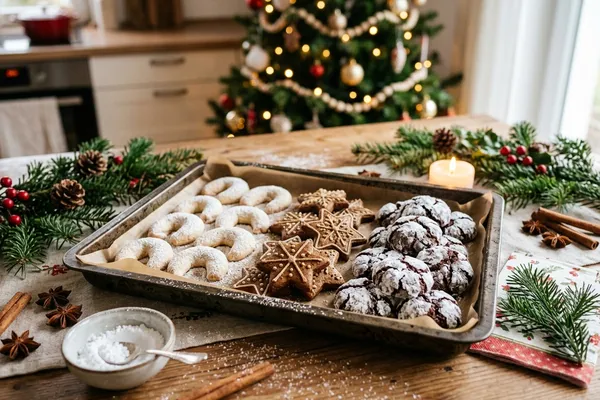 Verschiedene vegane Plätzchen auf einem Holzbrett: Vanillekipferl, Ausstechplätzchen mit Zuckerguss und Zimtsterne