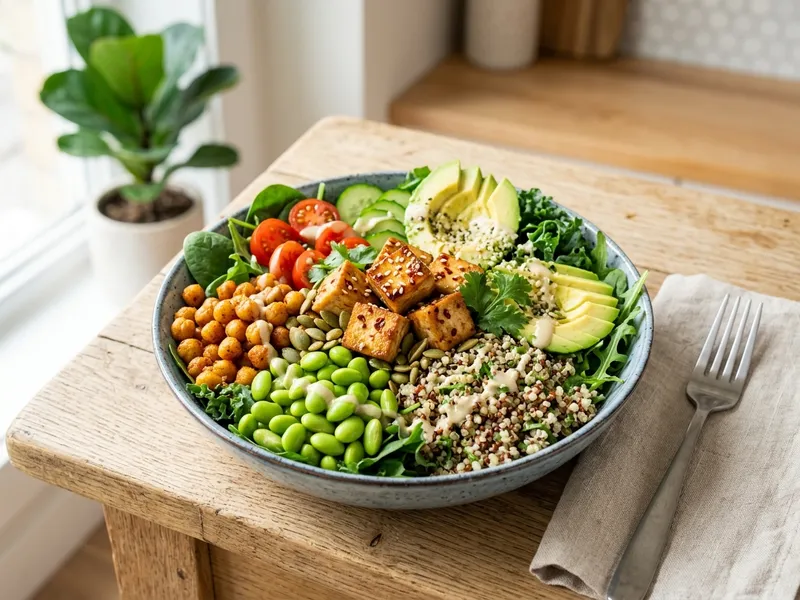 Proteinreiche vegane Mahlzeit mit Tempeh, Quinoa und Edamame in einer Schüssel