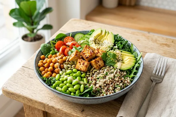 Proteinreiche vegane Mahlzeit mit Tempeh, Quinoa und Edamame in einer Schüssel