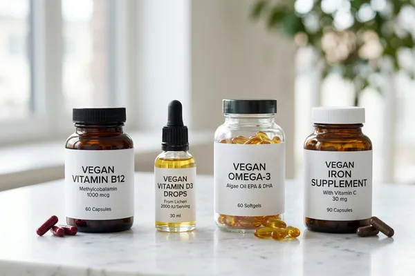 Verschiedene Supplement-Kapseln und -Tropfen neben frischem Obst und Gemüse auf hellem Hintergrund